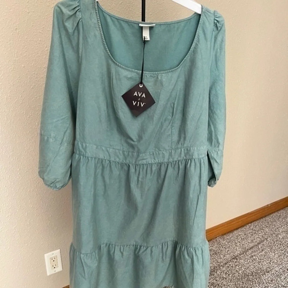Ava & Viv  Plus Size Teal 3/4 Balloon Sleeve Tie Back Tiered A-Line Dress 1X - Picture 11 of 14